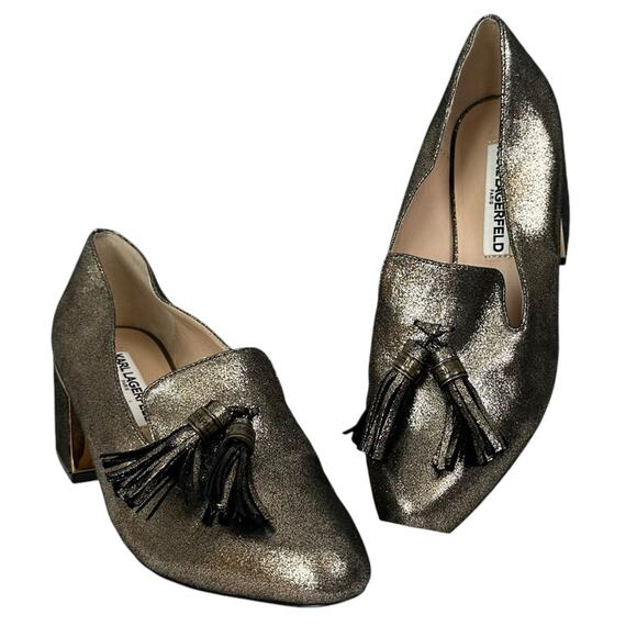 Karl Lagerfeld Mae Tassel Chunky Block Heels Metallic Gold Leather Size 7.5 - Picture 1 of 9